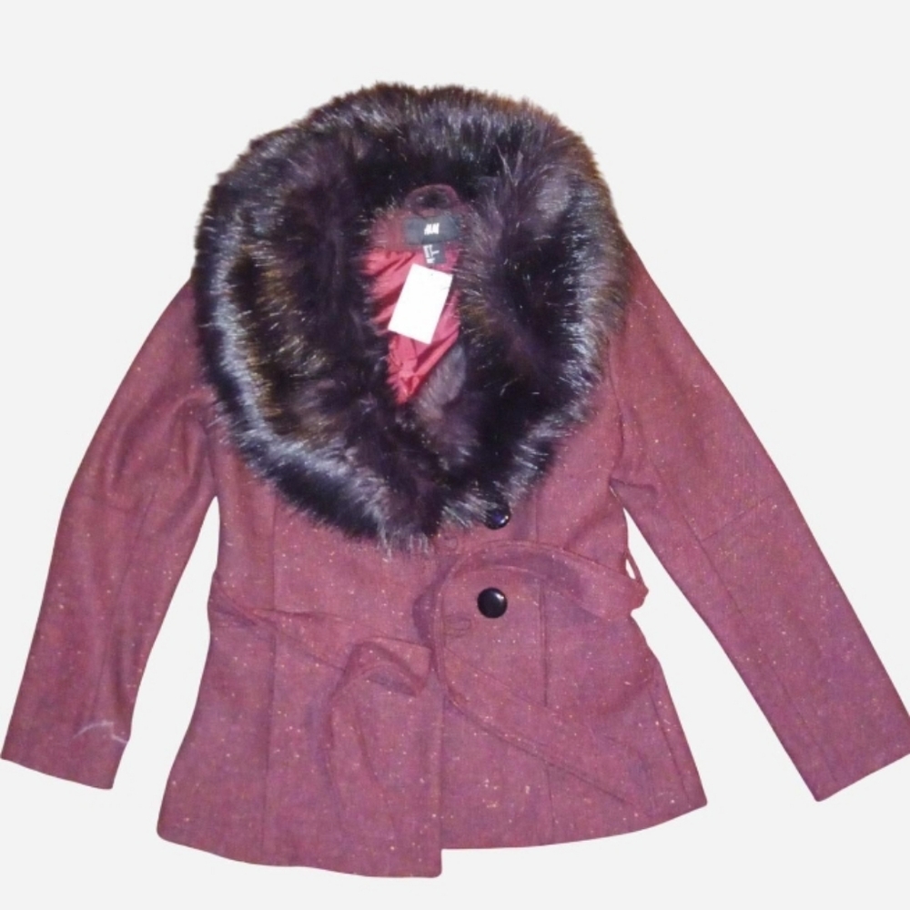 Women's Burgundy Faux Fur Collar Jacket